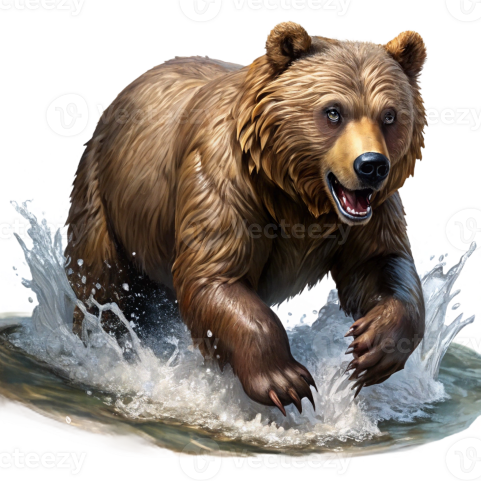 vibrant creative A grizzly bear fishing in a rushing river, spray of water around its paws, dramatic chiaroscuro lighting, painting in the style of Rembrandt authentic png