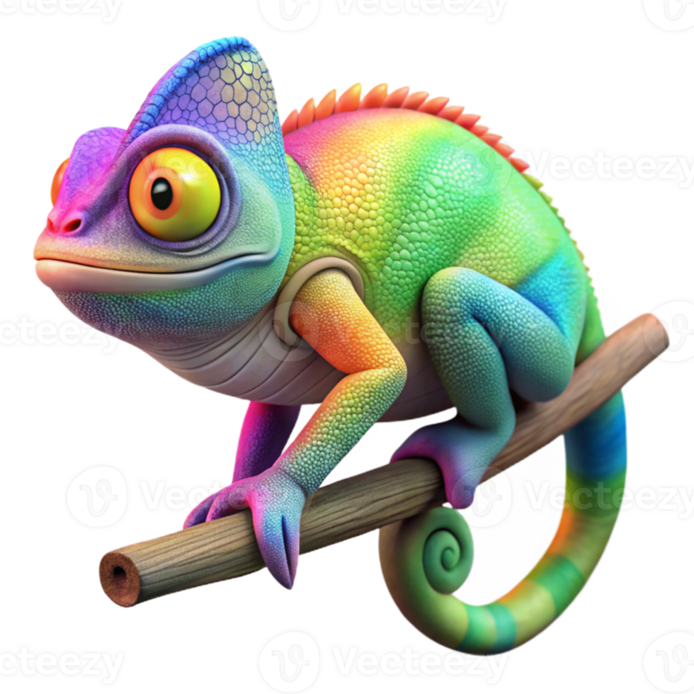 beautiful contemporary A chameleon perched on a branch, its skin displaying vibrant rainbow colors, jungle foliage blurred in the background, bokeh effect, nature photography style original png