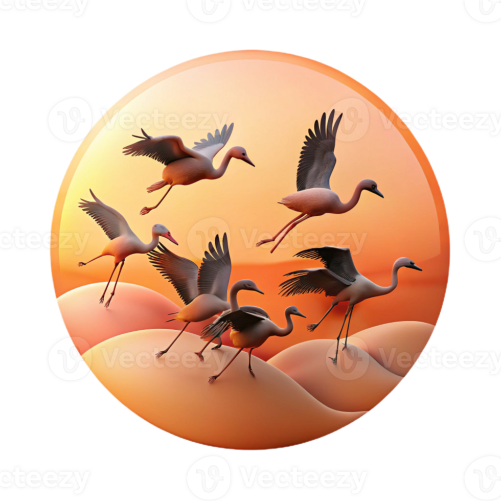 stunning abstract A flock of flamingos taking flight against a fiery sunset, silhouettes against the orange sky, minimalist and graphic design style exclusive png