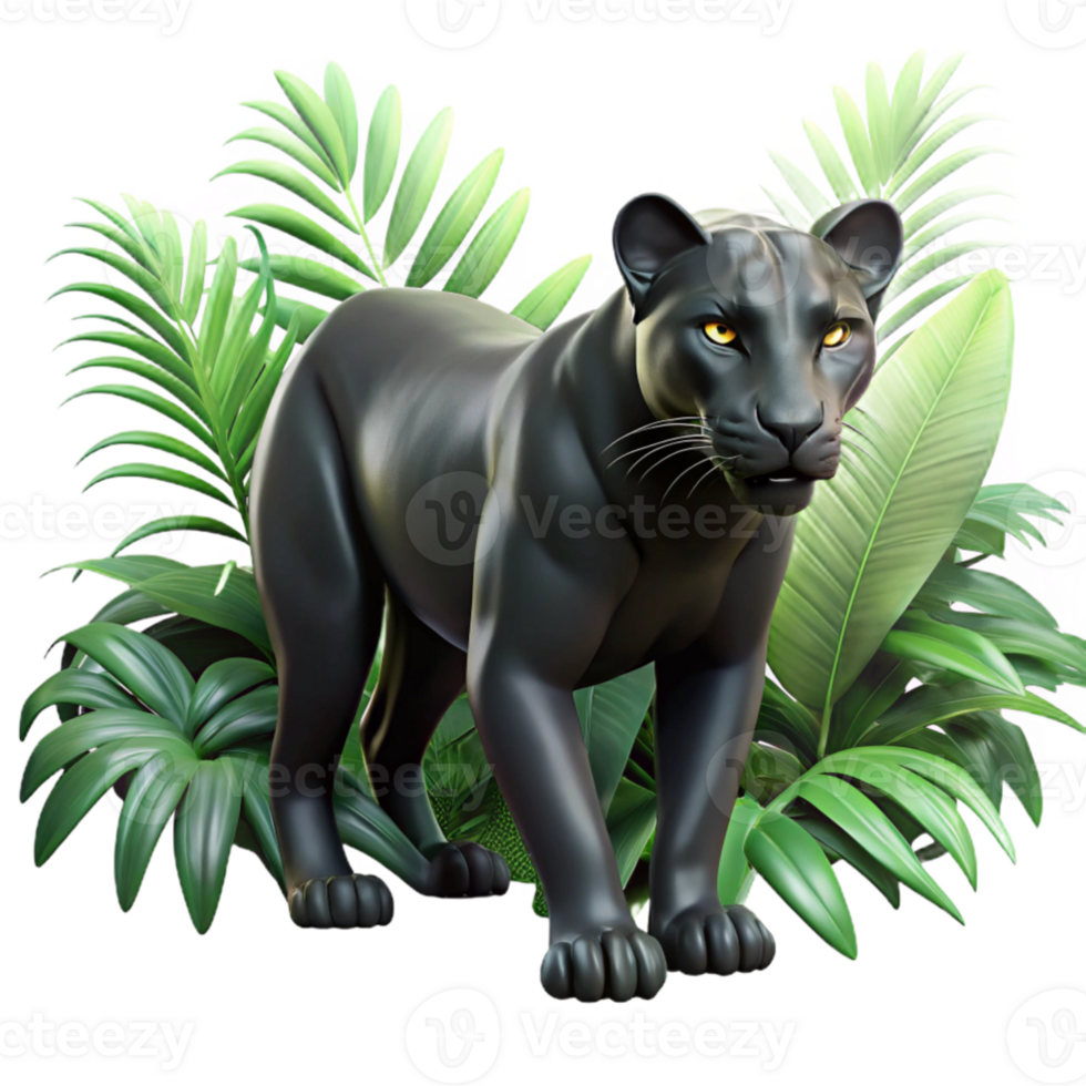 stunning artistic A sleek black panther prowling through dense jungle foliage, dappled sunlight filtering through the leaves, dramatic and cinematic lighting, hyperrealistic style 4K png