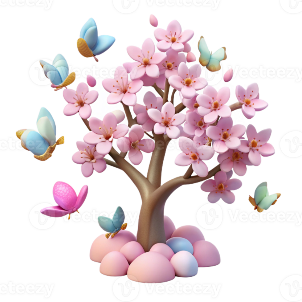 impressive creative A swarm of butterflies fluttering around a blooming cherry blossom tree, soft pastel colors, dreamlike and romantic style authentic png