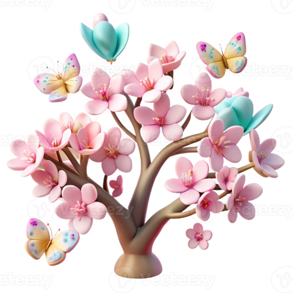 serene rustic A swarm of butterflies fluttering around a blooming cherry blossom tree, soft pastel colors, dreamlike and romantic style detailed png