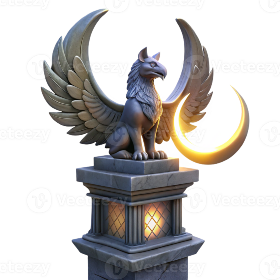 vibrant creative A majestic griffin perched atop a crumbling obsidian tower, illuminated by the ethereal glow of three crescent moons, Art Nouveau style genuine png