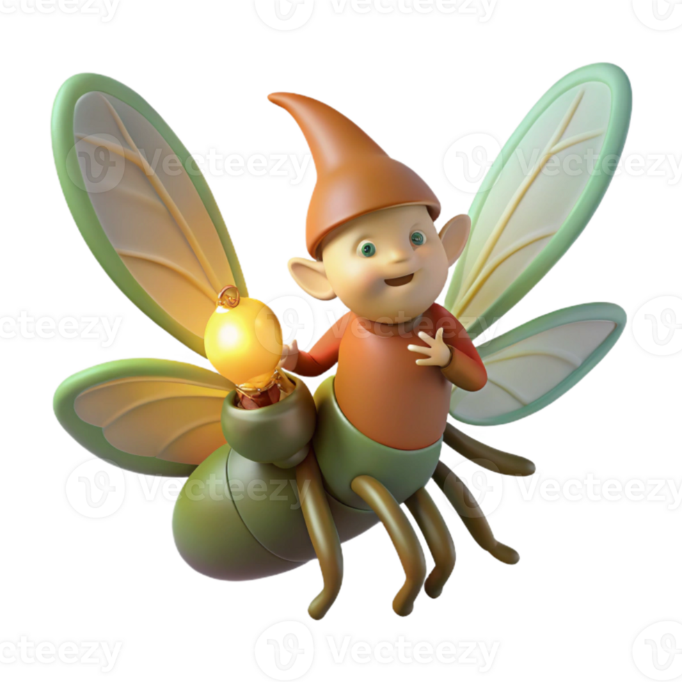 serene abstract A whimsical gnome riding a giant firefly through a bioluminescent forest, soft focus, dreamlike lighting, Ghibli style genuine png