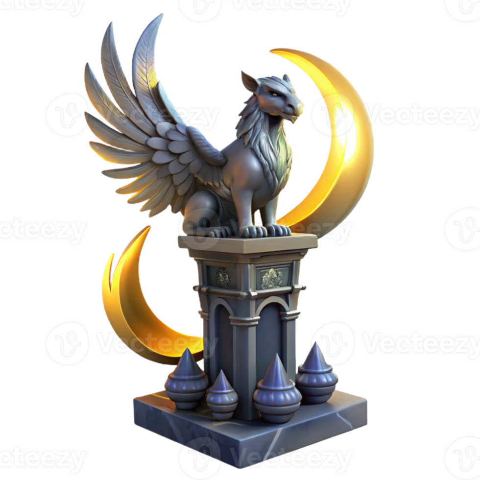 elegant minimalist A majestic griffin perched atop a crumbling obsidian tower, illuminated by the ethereal glow of three crescent moons, Art Nouveau style premium png