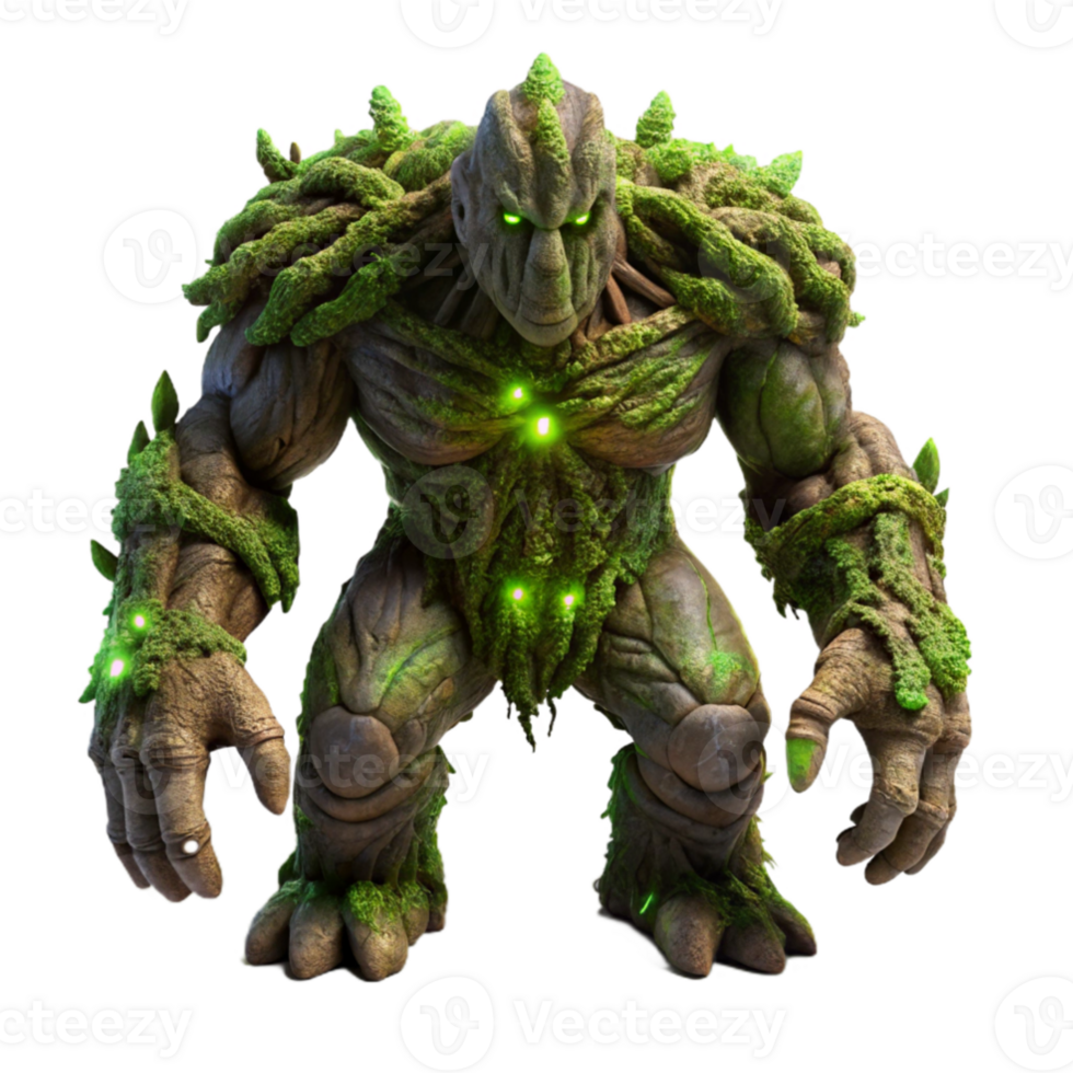 extraordinary rustic A colossal golem made of twisted tree roots and glowing moss, ominous lighting, dark fantasy style, Greg Rutkowski influence authentic png