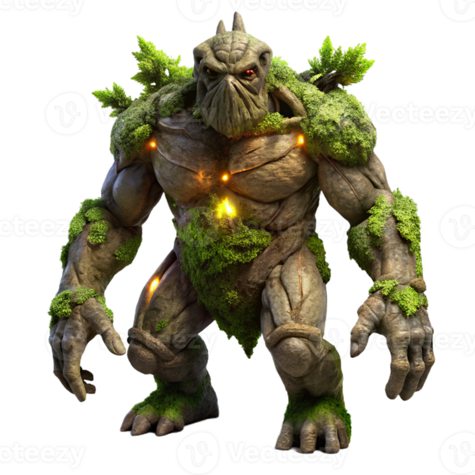 wonderful vintage A colossal golem made of twisted tree roots and glowing moss, ominous lighting, dark fantasy style, Greg Rutkowski influence authentic png