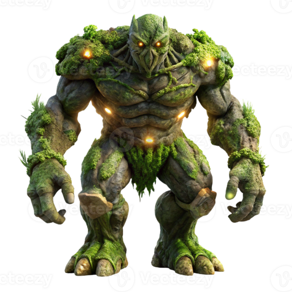 extraordinary abstract A colossal golem made of twisted tree roots and glowing moss, ominous lighting, dark fantasy style, Greg Rutkowski influence high resolution png