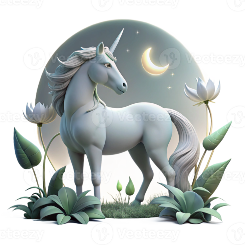 elegant rustic A solitary unicorn grazing in a field of moonflowers, moonlight, ethereal style, Alphonse Mucha influence authentic png