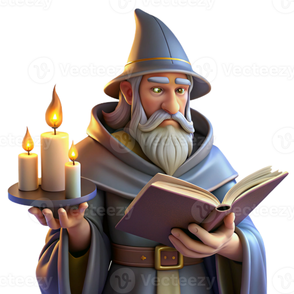 serene contemporary A wise old wizard reading a spellbook in his tower, candlelight, fantasy art style, Donato Giancola influence premium png