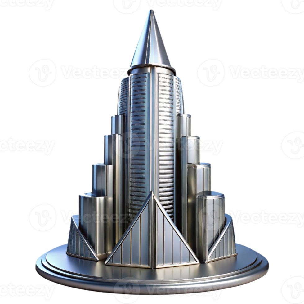elegant contemporary Art Deco skyscraper, chrome and glass, sharp lines, volumetric lighting, highly detailed, cinematic render, 8k, genuine png