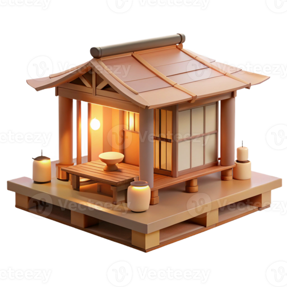 dramatic artistic Japanese tea house, minimalist design, natural wood and paper, soft natural light, serene atmosphere, watercolor painting style, 4K png
