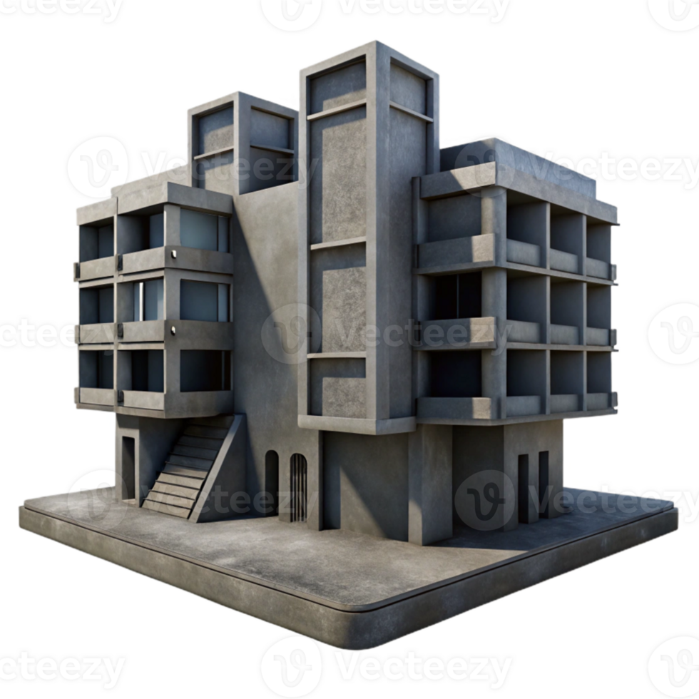 elegant contemporary Brutalism inspired concrete apartment complex, harsh shadows, overcast sky, dystopian atmosphere, photorealistic, dark and gritty, professional png