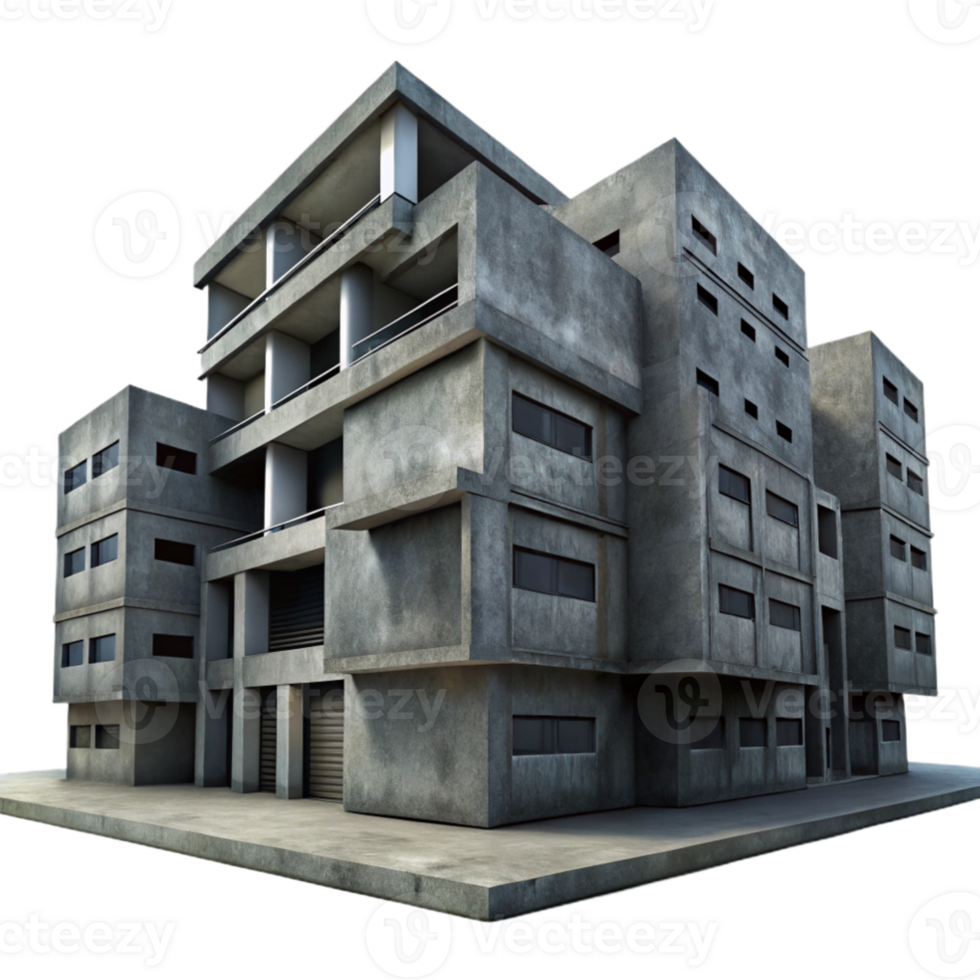 impressive traditional Brutalism inspired concrete apartment complex, harsh shadows, overcast sky, dystopian atmosphere, photorealistic, dark and gritty, premium png