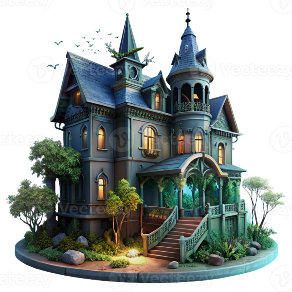 extraordinary abstract Abandoned Victorian mansion, overgrown with ivy, dimly lit by moonlight, spooky atmosphere, gothic horror style, digital painting, exclusive png