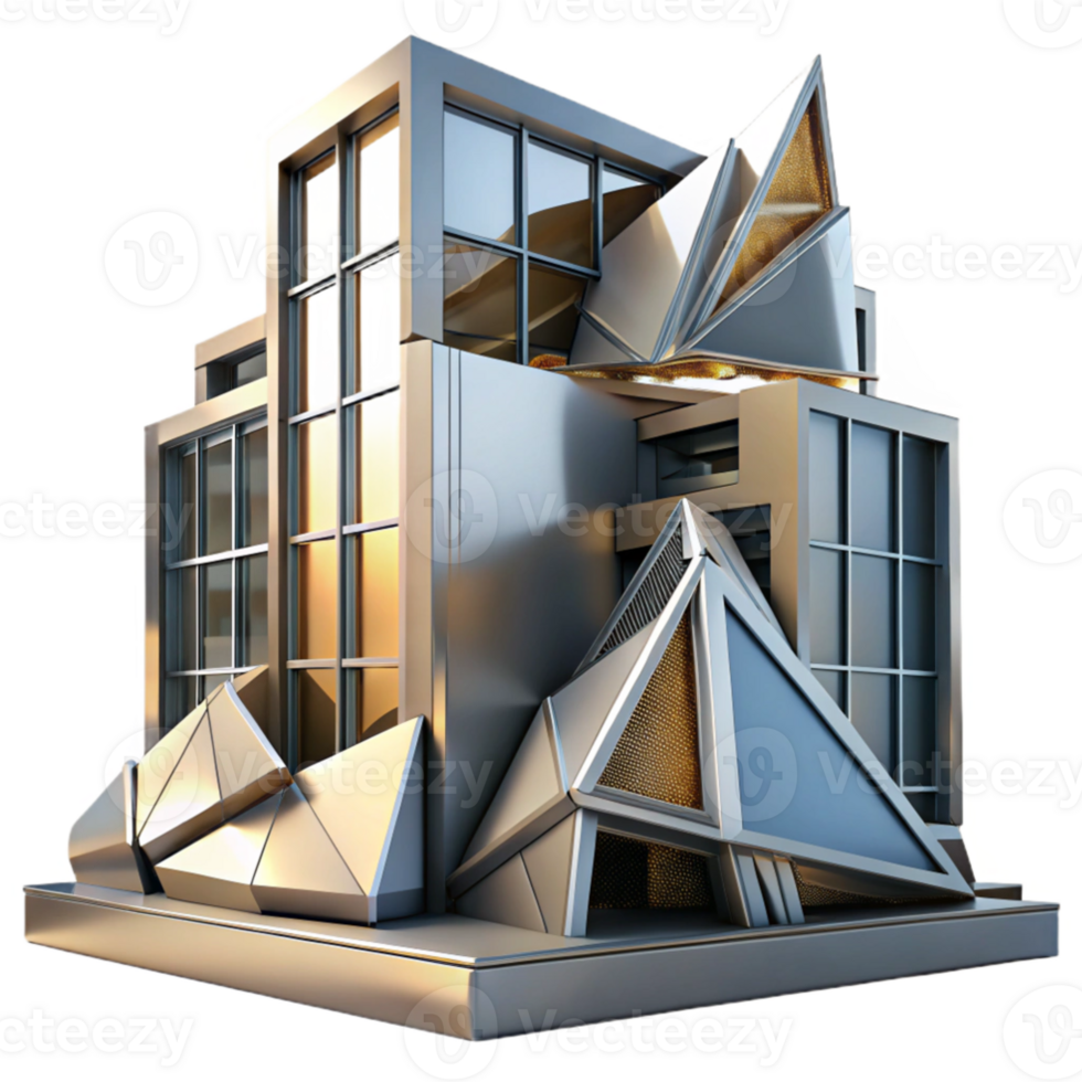impressive creative Deconstructivist office building, fragmented forms, sharp angles, metallic surfaces, dramatic lighting, abstract style, 8k, professional png