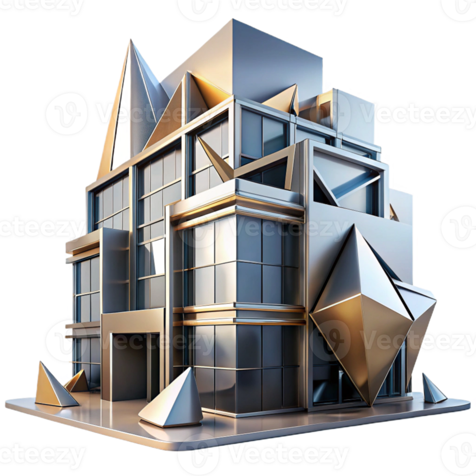dramatic abstract Deconstructivist office building, fragmented forms, sharp angles, metallic surfaces, dramatic lighting, abstract style, 8k, detailed png