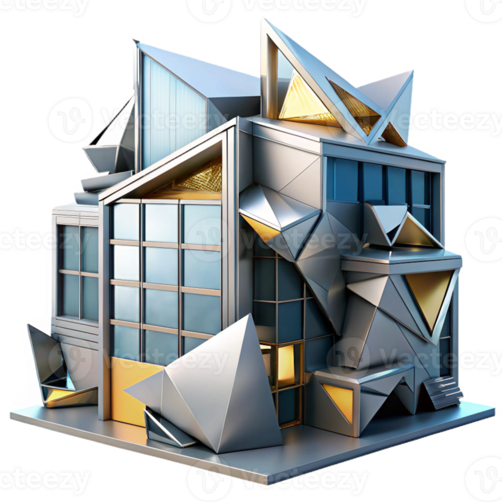 elegant minimalist Deconstructivist office building, fragmented forms, sharp angles, metallic surfaces, dramatic lighting, abstract style, 8k, high resolution png