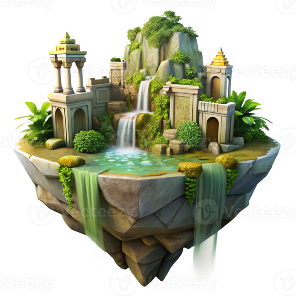 wonderful abstract Floating island with ancient ruins, waterfalls cascading down, lush vegetation, golden hour lighting, fantasy art, matte painting, premium png