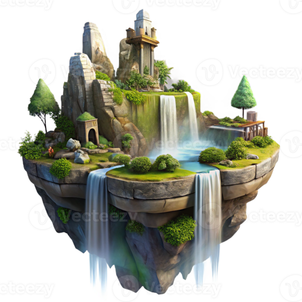 dramatic creative Floating island with ancient ruins, waterfalls cascading down, lush vegetation, golden hour lighting, fantasy art, matte painting, exclusive png