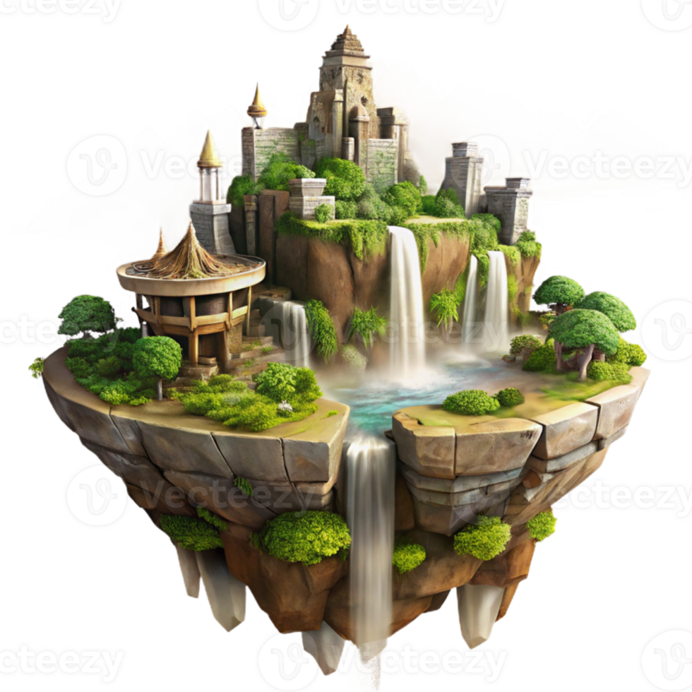 wonderful classic Floating island with ancient ruins, waterfalls cascading down, lush vegetation, golden hour lighting, fantasy art, matte painting, original png