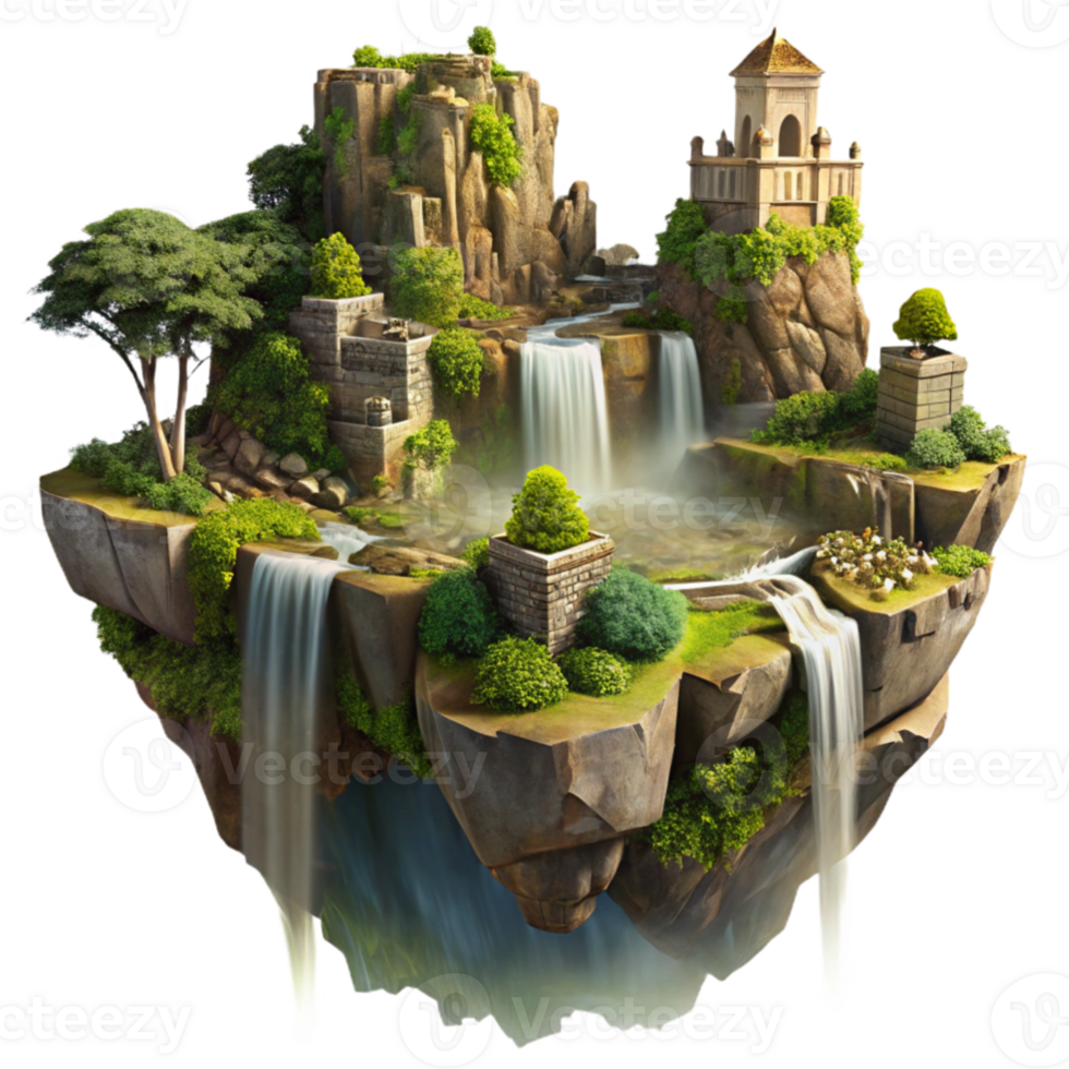 dramatic abstract Floating island with ancient ruins, waterfalls cascading down, lush vegetation, golden hour lighting, fantasy art, matte painting, authentic png