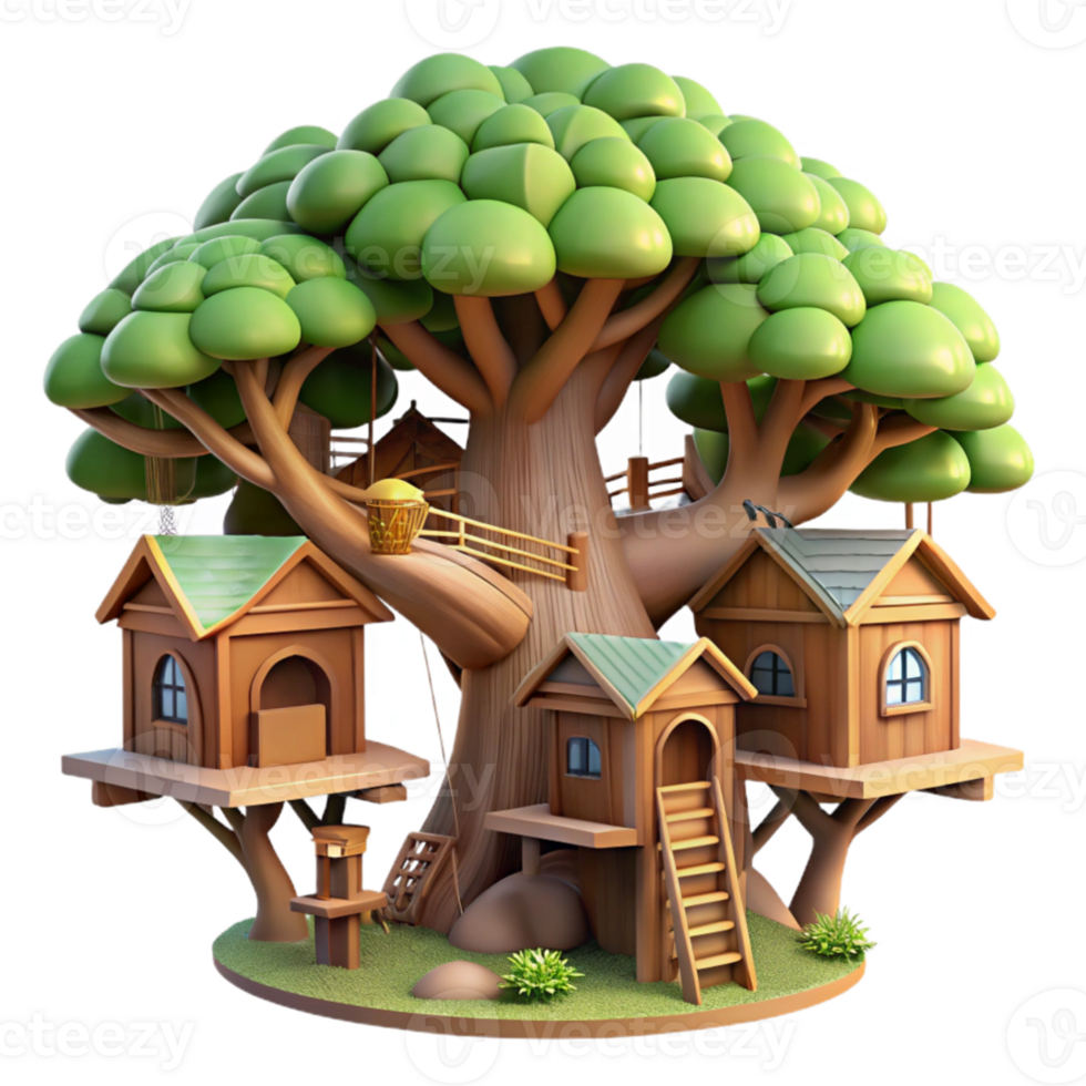 elegant vintage Treehouse village, interconnected wooden structures, nestled in a giant tree, dappled sunlight, fantasy art, whimsical, genuine png