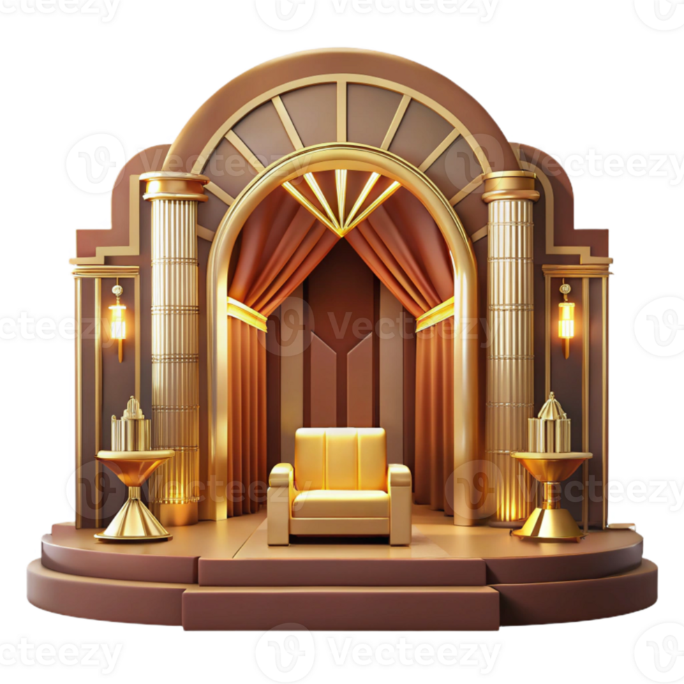 stunning artistic Art Deco cinema interior, geometric patterns, gold and velvet details, warm lighting, luxurious atmosphere, art deco style, authentic png