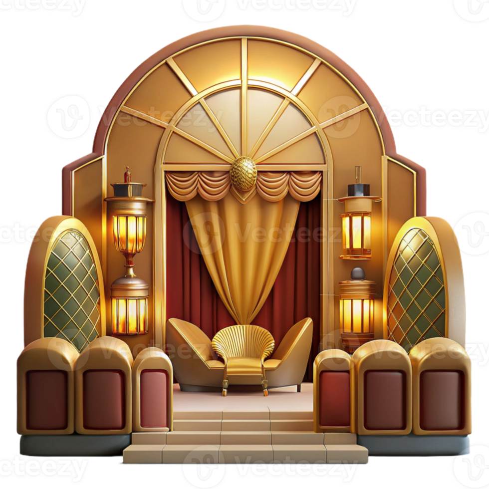 extraordinary modern Art Deco cinema interior, geometric patterns, gold and velvet details, warm lighting, luxurious atmosphere, art deco style, detailed png
