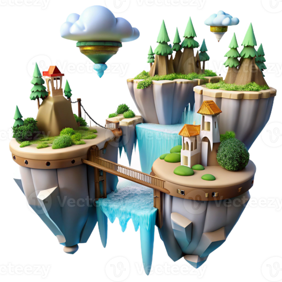 elegant artistic Floating islands connected by bridges, waterfalls, lush vegetation, fantasy style, dreamlike atmosphere, cinematic render, professional png