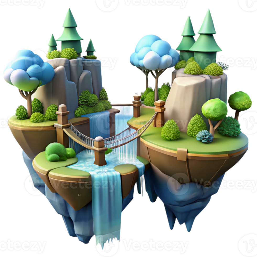 extraordinary rustic Floating islands connected by bridges, waterfalls, lush vegetation, fantasy style, dreamlike atmosphere, cinematic render, detailed png