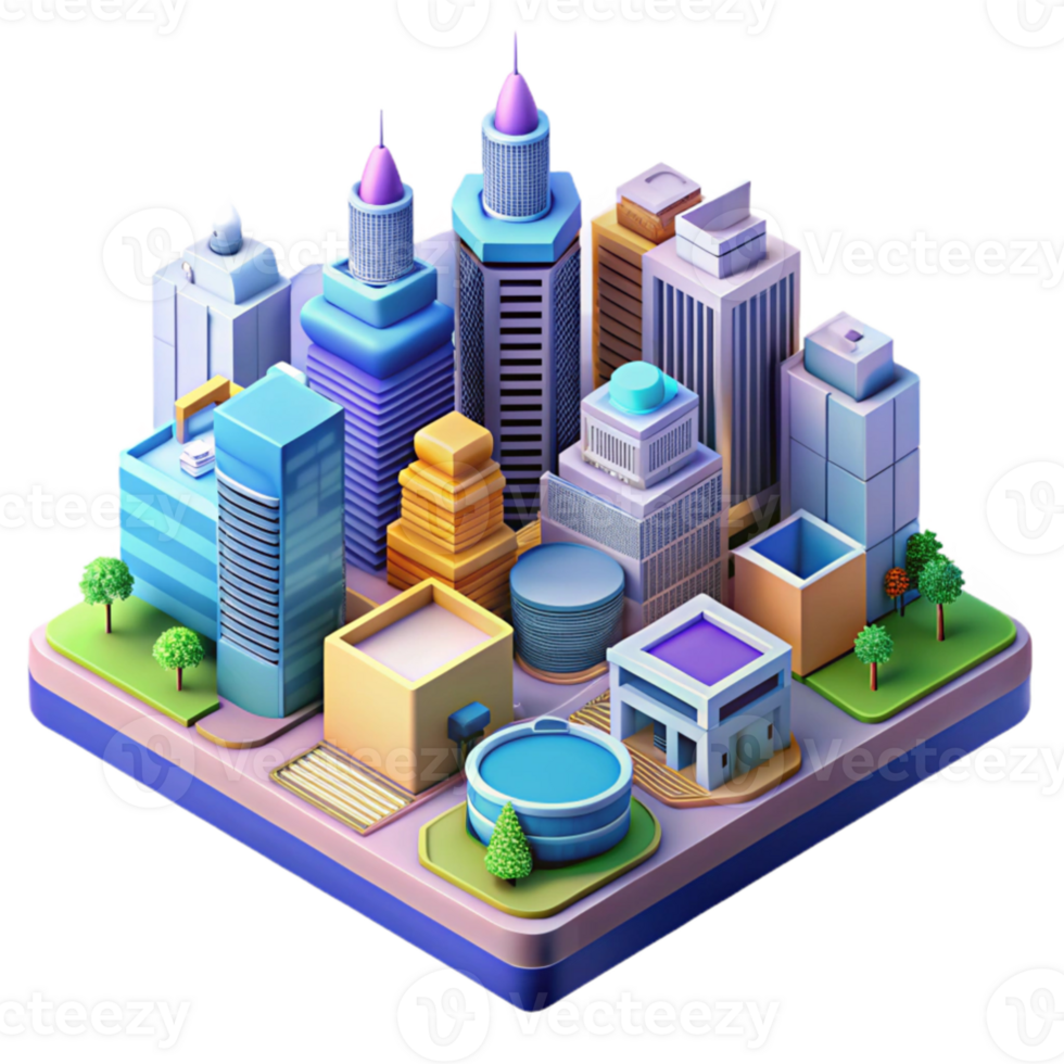 wonderful artistic Isometric view of a complex cityscape, intricate details, vibrant colors, futuristic style, art, 4K png