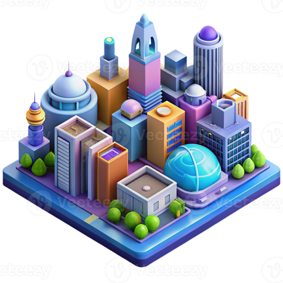 vibrant contemporary Isometric view of a complex cityscape, intricate details, vibrant colors, futuristic style, art, authentic png