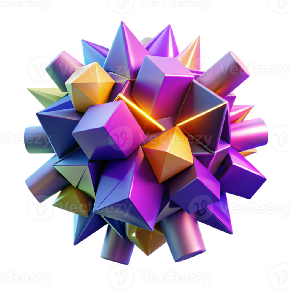 stunning rustic A chaotic explosion of geometric shapes, vibrant and neon colored, with hard shadows cast by an unseen light source, cyberpunk style professional png