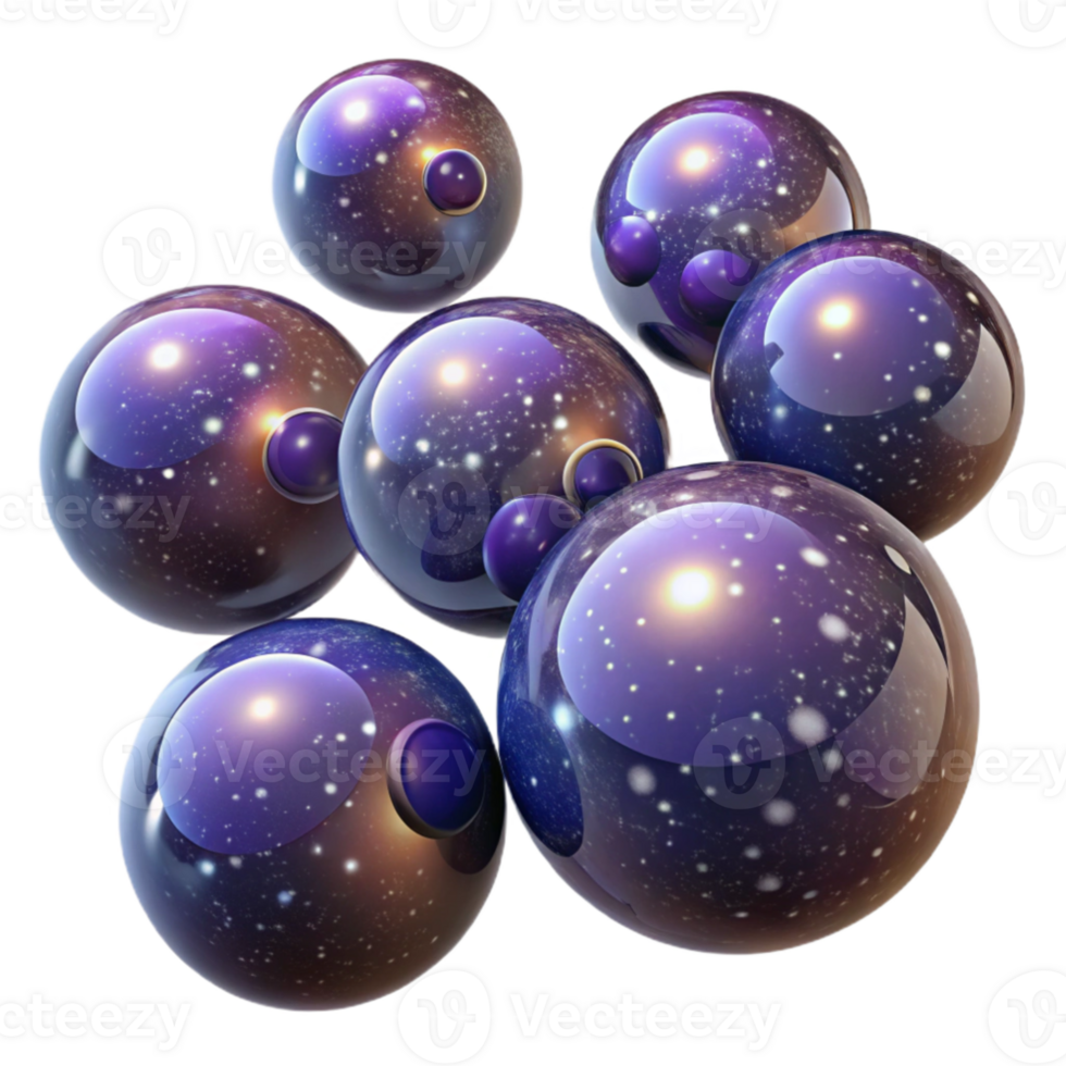 extraordinary abstract A field of floating, translucent spheres, each containing a miniature galaxy, illuminated by starlight, rendered in a cosmic horror style high quality png