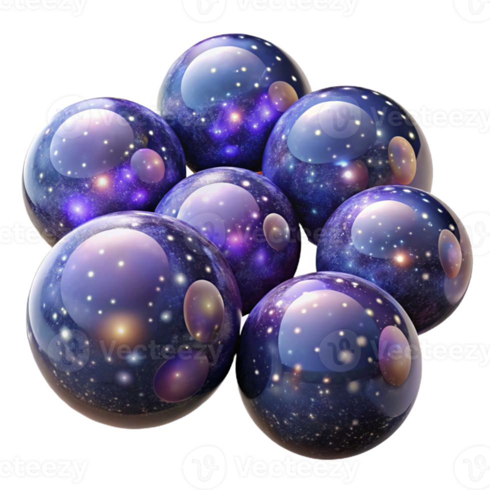 vibrant minimalist A field of floating, translucent spheres, each containing a miniature galaxy, illuminated by starlight, rendered in a cosmic horror style genuine png