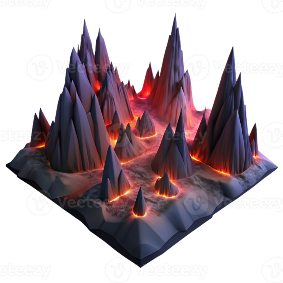 stunning contemporary A fractal landscape of jagged peaks and deep valleys, illuminated by a dramatic, chiaroscuro lighting, rendered in a dark fantasy style authentic png