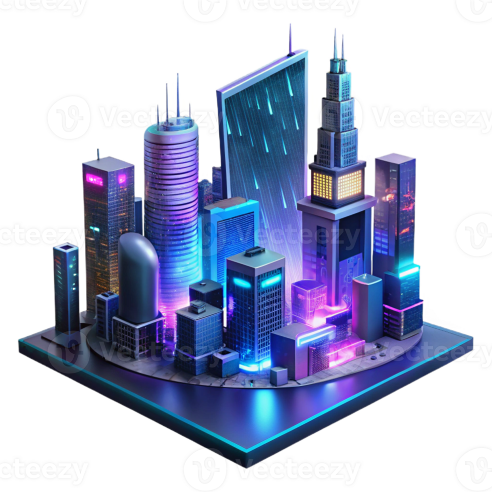 impressive abstract A futuristic cityscape at night, towering holographic advertisements shimmering in the rain, cyberpunk style, neon lighting high quality png