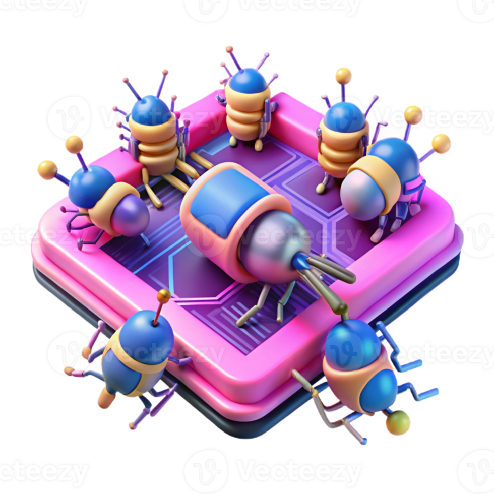stunning minimalist A swarm of nanobots repairing a damaged circuit board, microscopic view, vibrant neon colors, digital art style authentic png