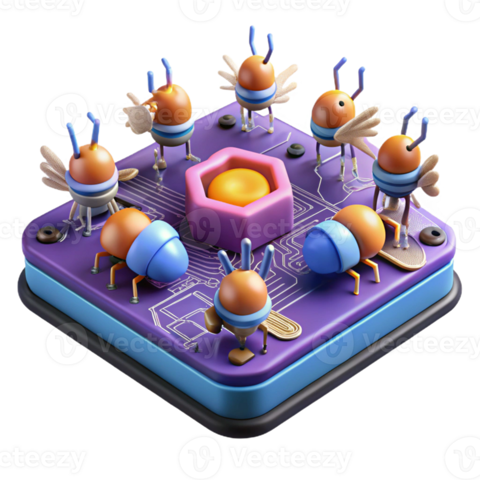 wonderful modern A swarm of nanobots repairing a damaged circuit board, microscopic view, vibrant neon colors, digital art style authentic png