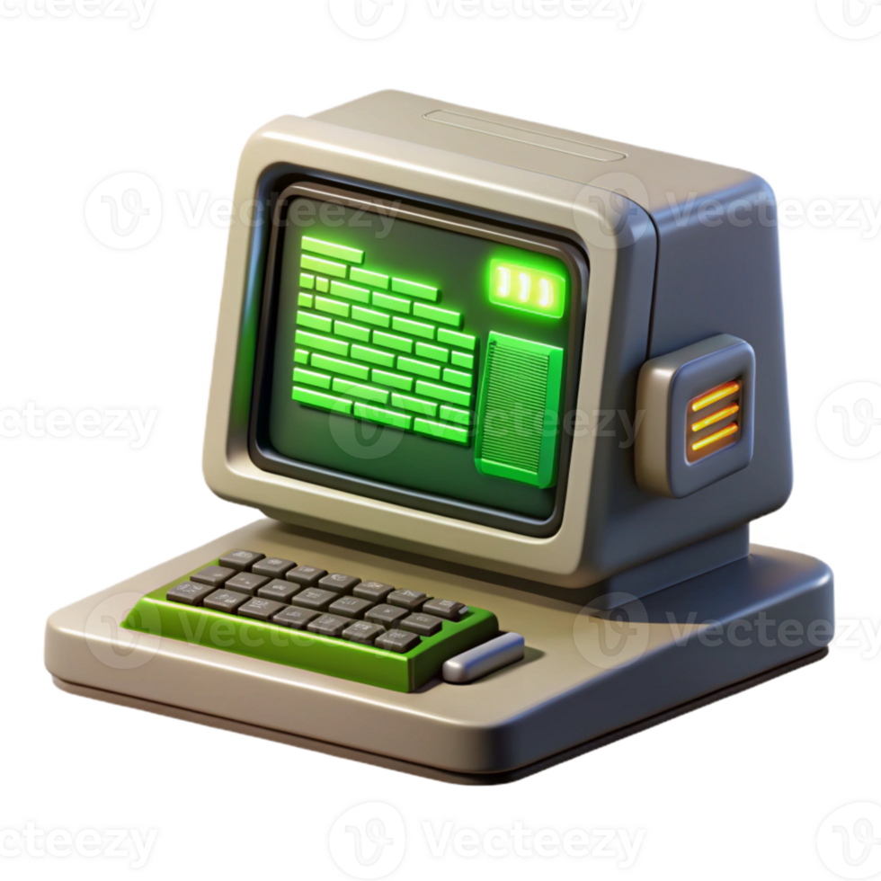 beautiful classic A retro computer terminal displaying complex code, pixel art style, green monochrome lighting authentic png