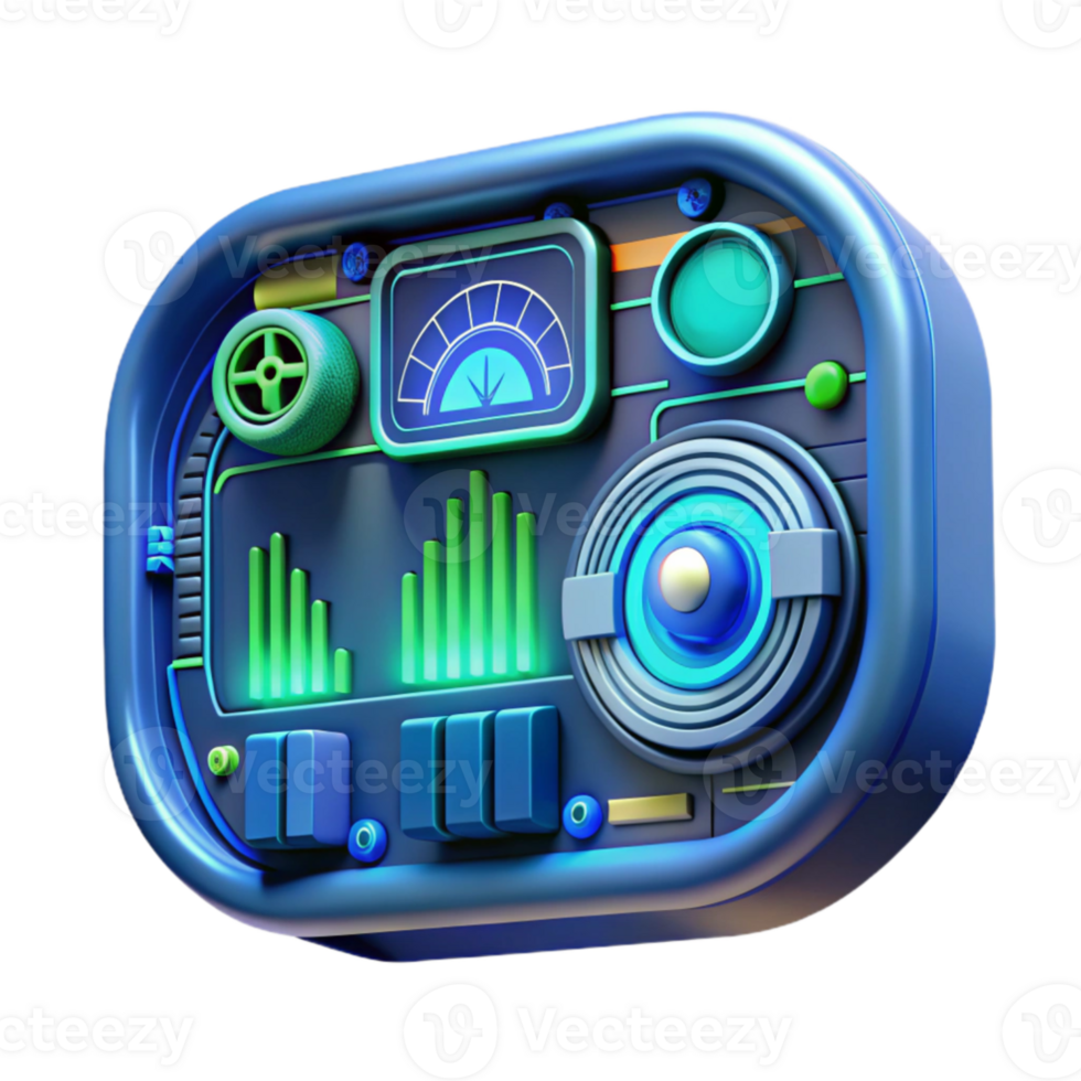 impressive contemporary A close up of a futuristic HUD display with complex data and graphics, cyberpunk style, blue and green lighting detailed png