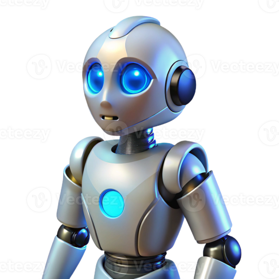 beautiful rustic A humanoid robot with glowing blue eyes standing in a contemplative pose, realistic style, soft lighting authentic png
