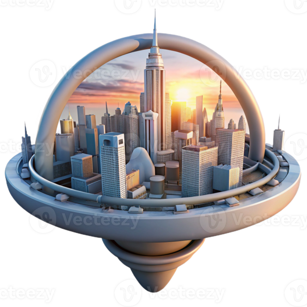 stunning contemporary A futuristic city built on a giant, orbiting ring, science fiction style, sunset lighting high resolution png
