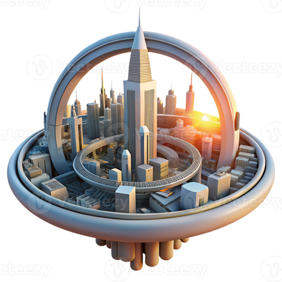 elegant classic A futuristic city built on a giant, orbiting ring, science fiction style, sunset lighting authentic png
