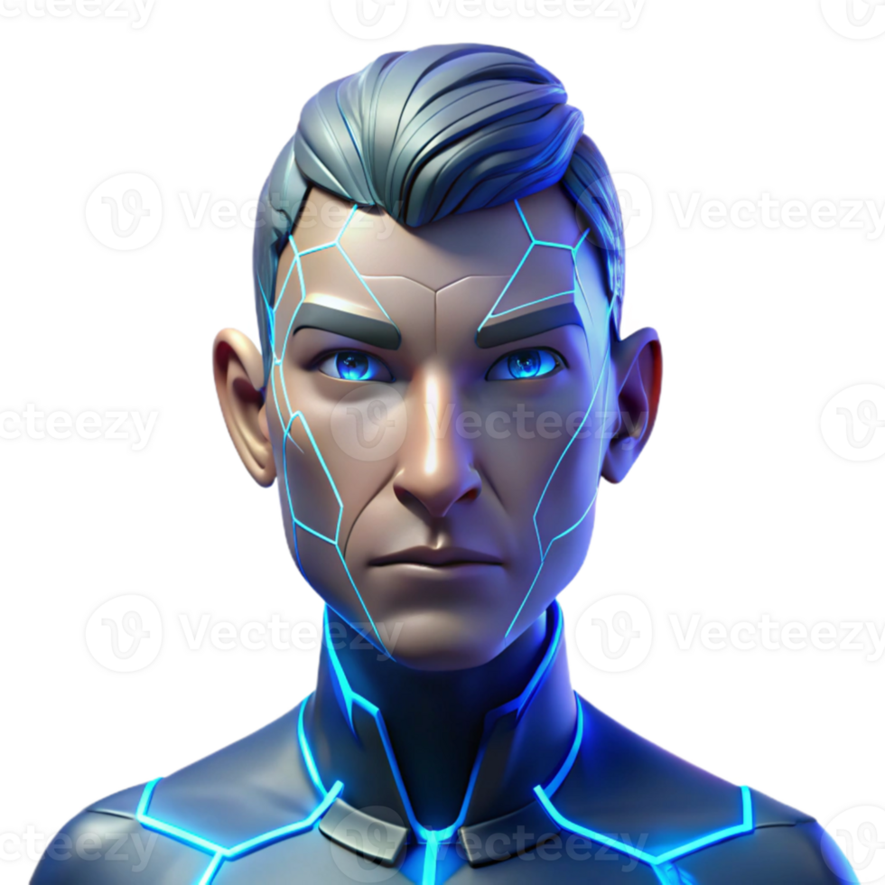 stunning traditional Portrait of a cyborg with glowing blue circuitry visible beneath cracked porcelain skin, sharp angles of light cutting across their face, cyberpunk style professional png