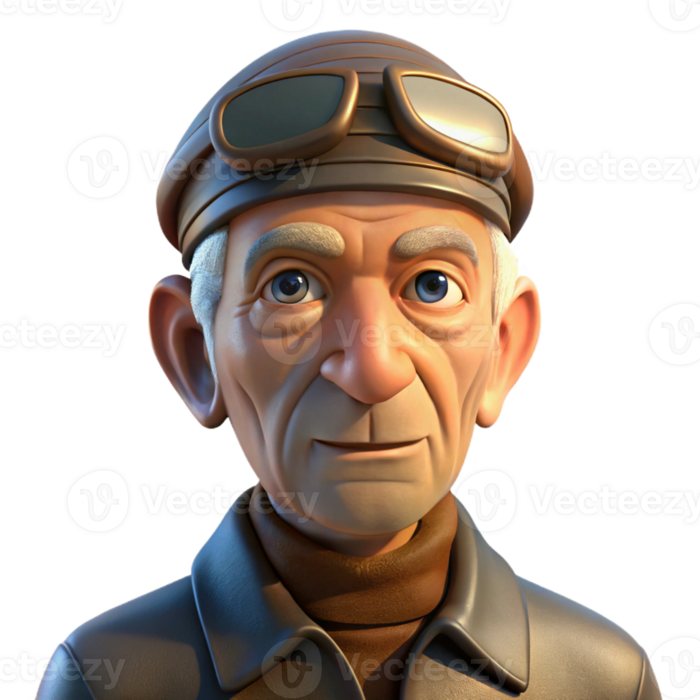 elegant modern Portrait of an elderly man with deep wrinkles and kind eyes, wearing a worn leather aviator cap, lit by the warm glow of a setting sun, photorealistic style detailed png