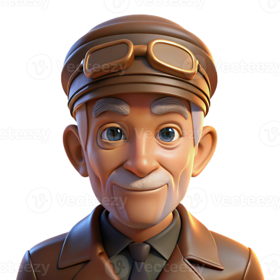 dramatic vintage Portrait of an elderly man with deep wrinkles and kind eyes, wearing a worn leather aviator cap, lit by the warm glow of a setting sun, photorealistic style high quality png