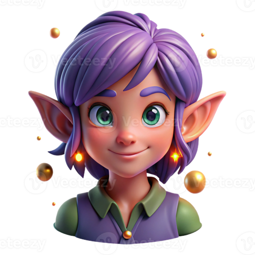stunning contemporary A whimsical portrait of a mischievous pixie with lavender hair and pointed ears, surrounded by glowing fireflies, vibrant and colorful high resolution png