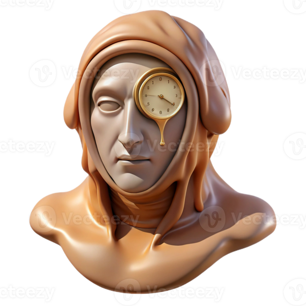 elegant contemporary A surreal portrait of a melting clock draped over a human head, the face obscured, Dali esque style genuine png